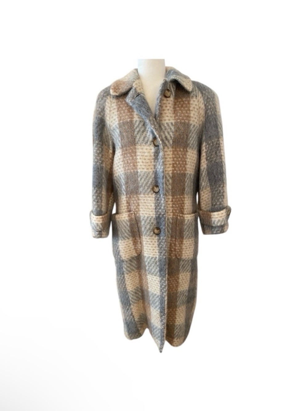 Paul Levy Vintage 80s Mohair Wool Long Coat Fuzzy Plaid Made USA